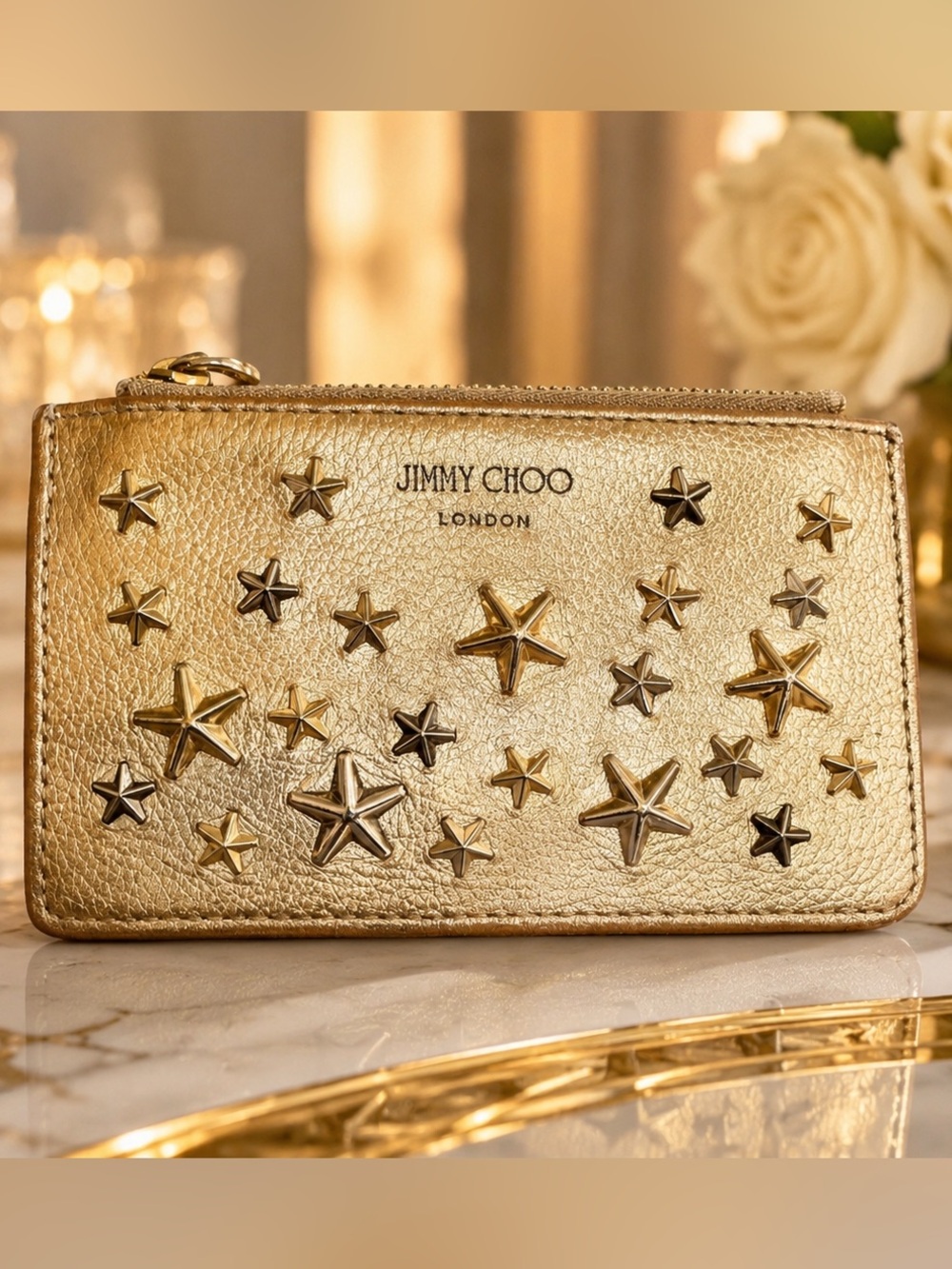 Jimmy Choo Gold Star-Studded Leather Card Holder